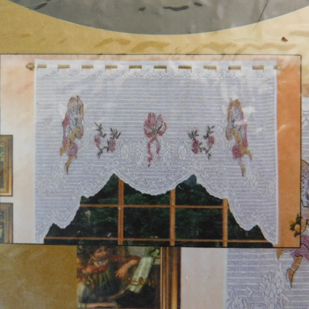 Vintage Whimsigoth Cherub Lace Curtain Swags White Pink 60